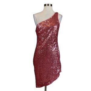 Pink Sequined One Shoulder Mini Sheath Cocktail Dress by AQUA Women's Size Large